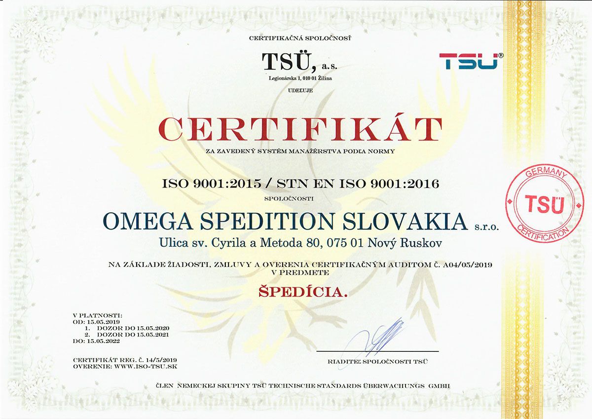 ISO 9001 OMEGA SPEDITION SLOVAKIA s.r.o.